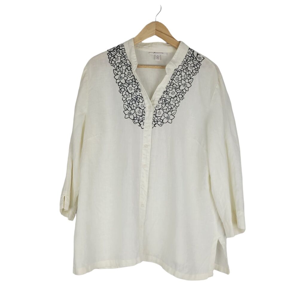 JM Collection Linen Tunic Blouse Top Size 16 White Black Embroidery 3/4 Sleeve